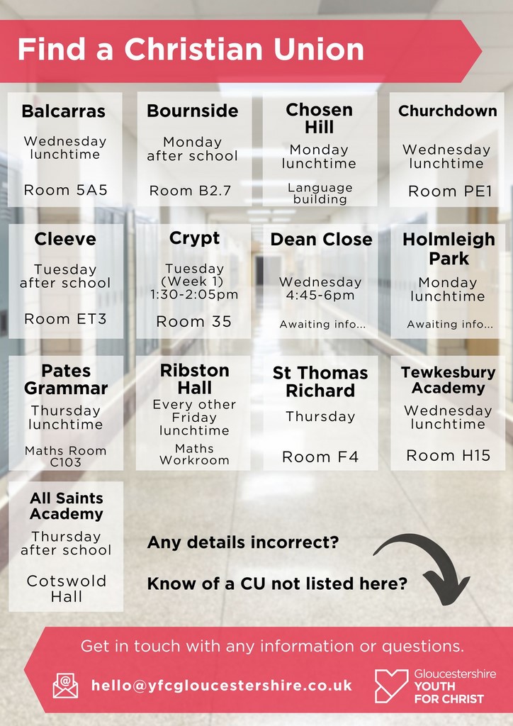 A list of Christian Unions in Gloucestershire Schools