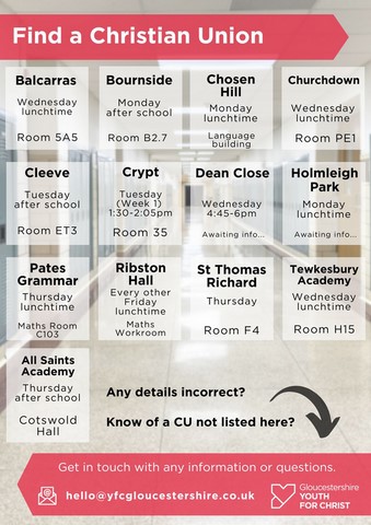 A list of Christian Unions in Gloucestershire Schools